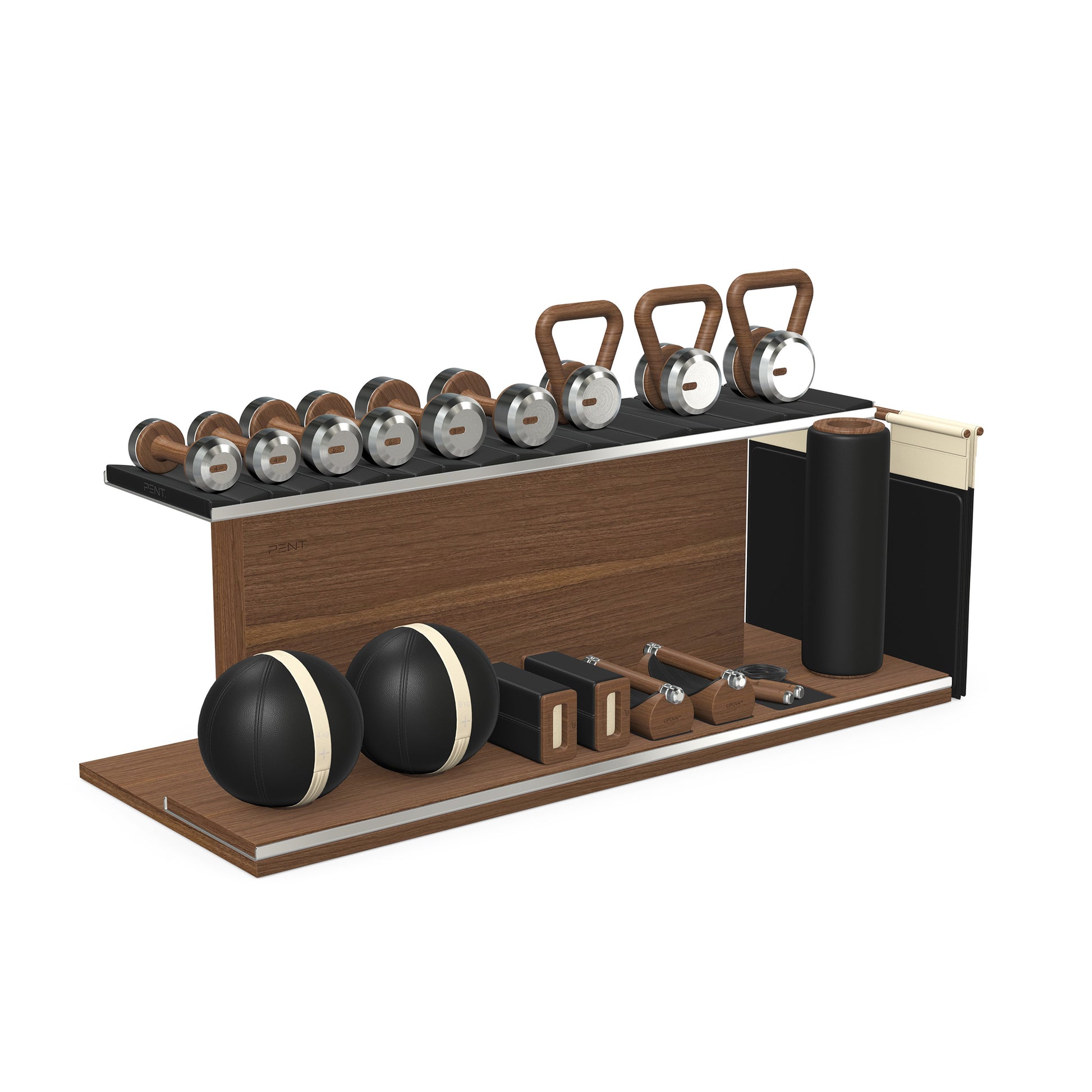 PENT. ANA: Skipping rope, push up bars, fitness mat, dumbbells, kettlebells, stretching roller, yoga blocks and leather medicine balls. Handcrafted with stainless steel, premium Italian black base leather, beige accent leather and natural walnut wood.