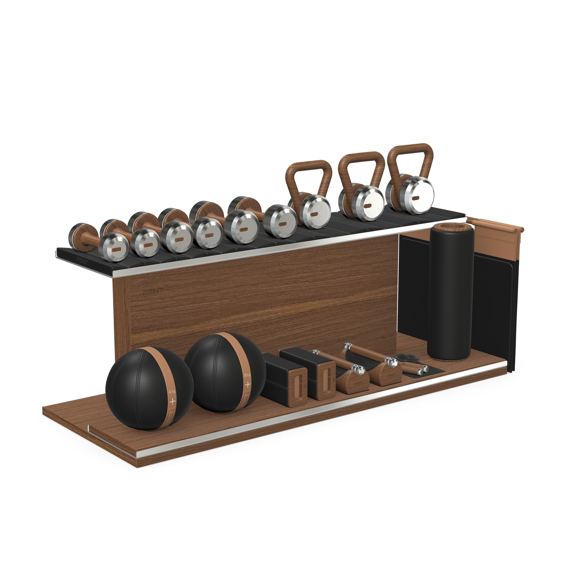 PENT. ANA: Skipping rope, push up bars, fitness mat, dumbbells, kettlebells, stretching roller, yoga blocks and leather medicine balls. Handcrafted with stainless steel, premium Italian black base leather, brown accent leather and natural walnut wood.