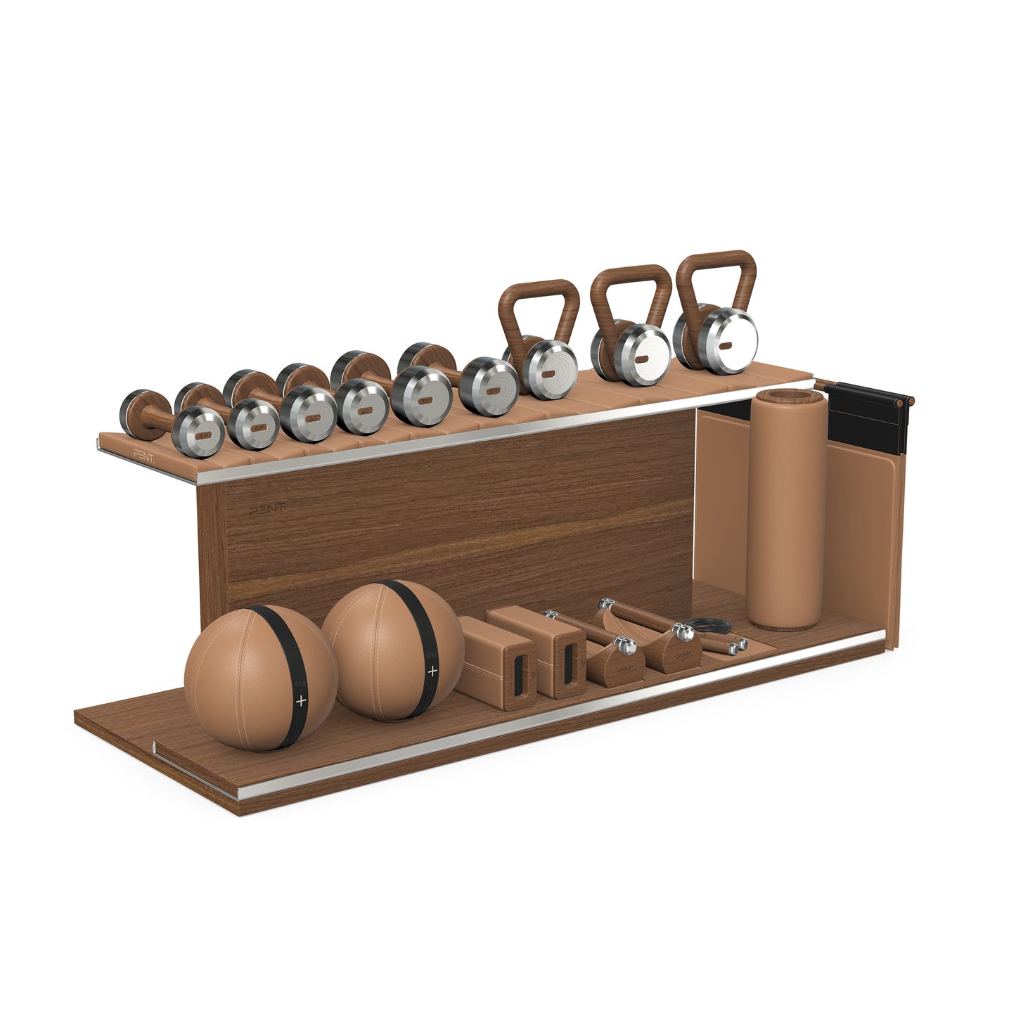 PENT. ANA: Skipping rope, push up bars, fitness mat, dumbbells, kettlebells, stretching roller, yoga blocks and leather medicine balls. Handcrafted with stainless steel, premium Italian brown base leather, black accent leather and natural walnut wood.