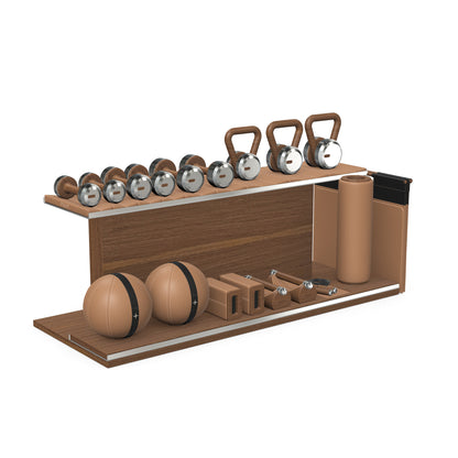 PENT. ANA: Skipping rope, push up bars, fitness mat, dumbbells, kettlebells, stretching roller, yoga blocks and leather medicine balls. Handcrafted with stainless steel, premium Italian brown base leather, black accent leather and natural walnut wood.