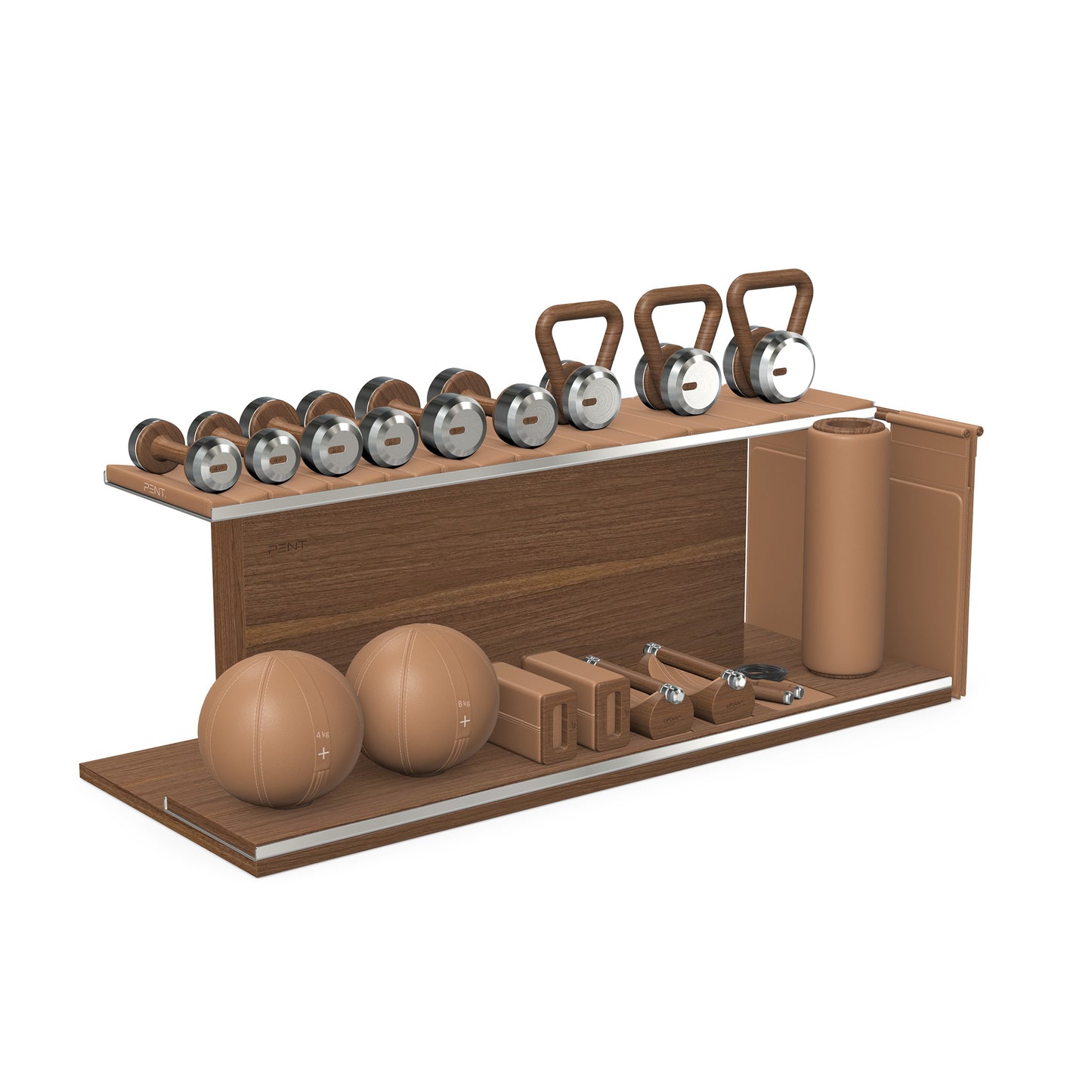 PENT. ANA: Skipping rope, push up bars, fitness mat, dumbbells, kettlebells, stretching roller, yoga blocks and leather medicine balls. Handcrafted with stainless steel, premium Italian brown base leather, brown accent leather and natural walnut wood.
