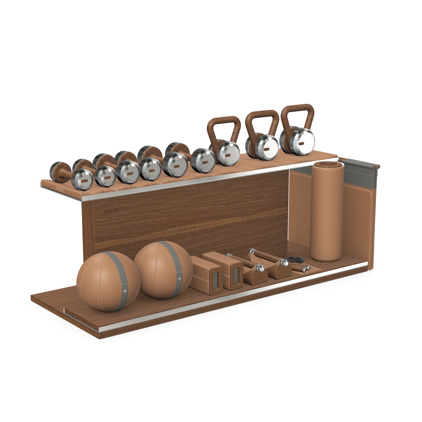 PENT. ANA: Skipping rope, push up bars, fitness mat, dumbbells, kettlebells, stretching roller, yoga blocks and leather medicine balls. Handcrafted with stainless steel, premium Italian brown base leather, grey accent leather and natural walnut wood.