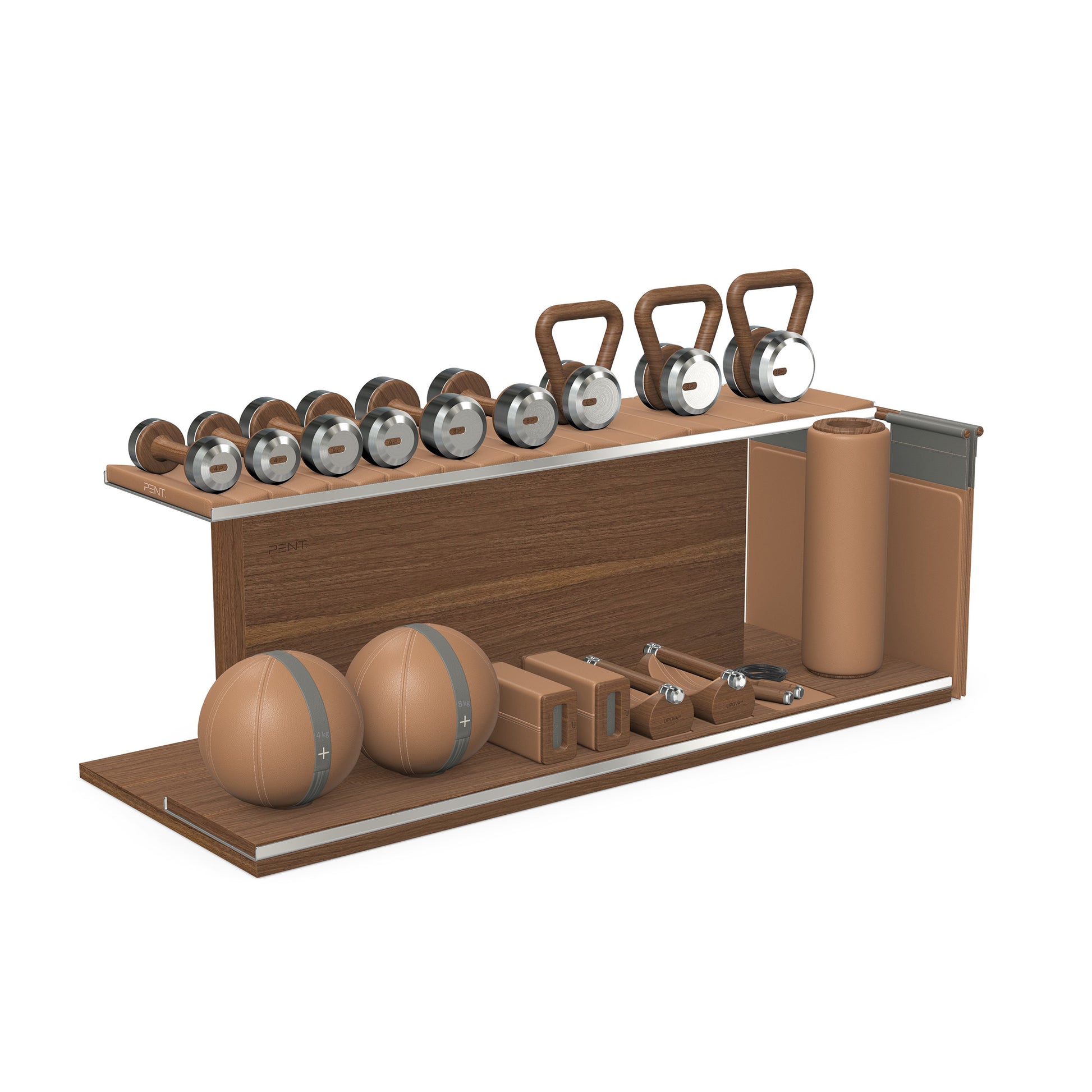 PENT. ANA: Skipping rope, push up bars, fitness mat, dumbbells, kettlebells, stretching roller, yoga blocks and leather medicine balls. Handcrafted with stainless steel, premium Italian brown base leather, grey accent leather and natural walnut wood.