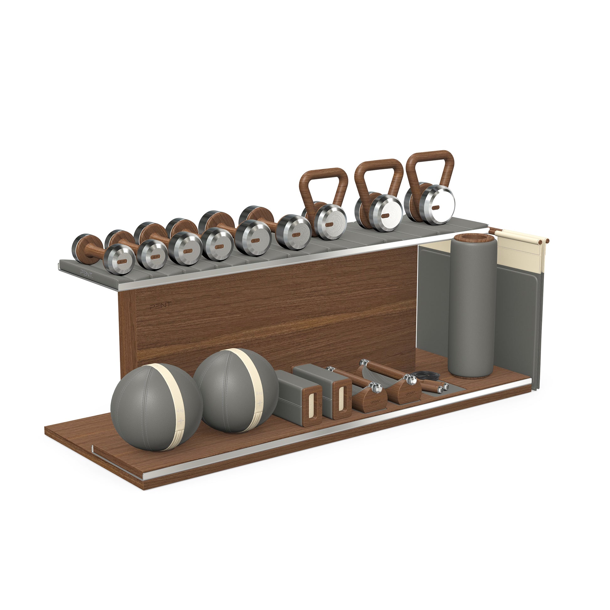 PENT. ANA: Skipping rope, push up bars, fitness mat, dumbbells, kettlebells, stretching roller, yoga blocks and leather medicine balls. Handcrafted with stainless steel, premium Italian grey base leather, beige accent leather and natural walnut wood.