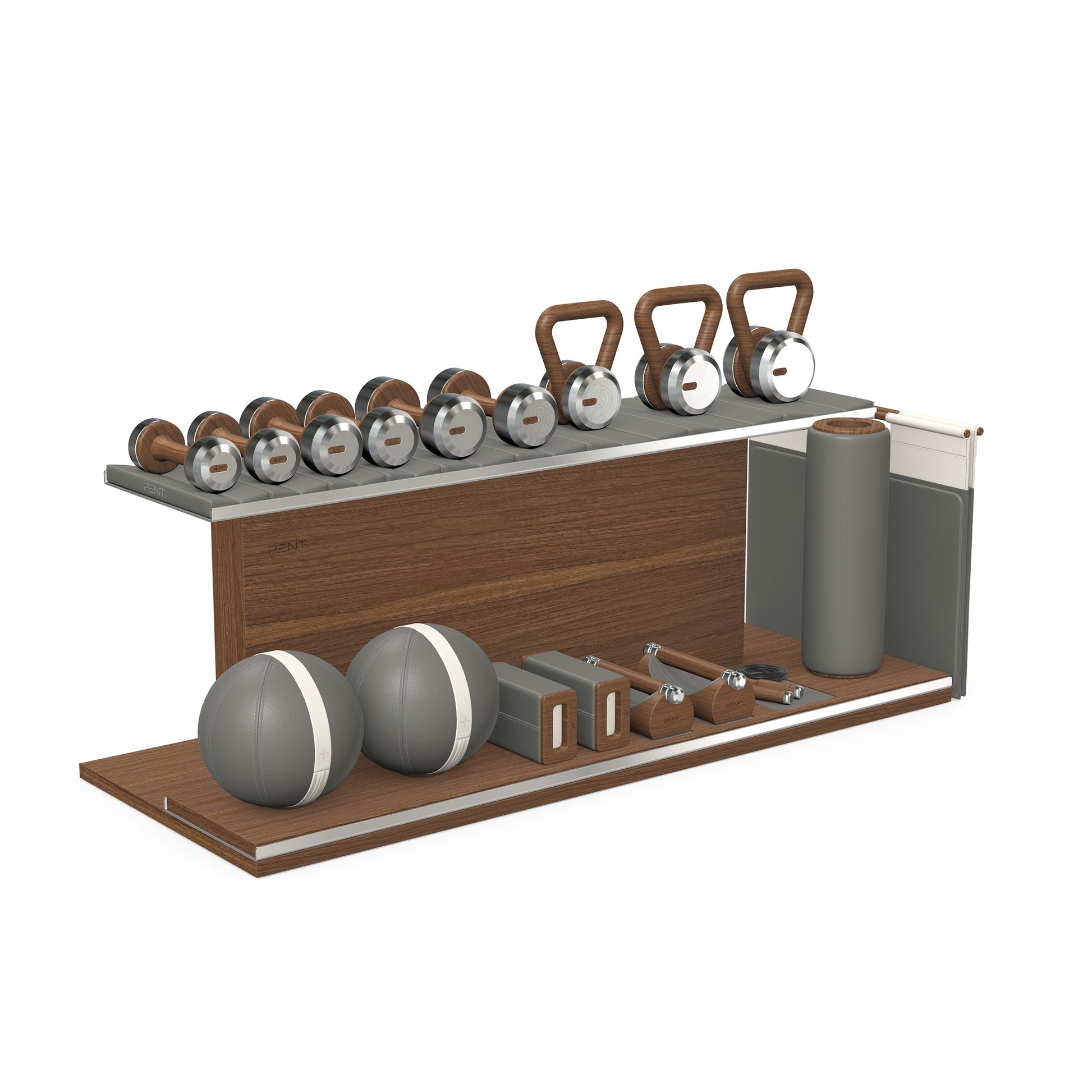PENT. ANA: Skipping rope, push up bars, fitness mat, dumbbells, kettlebells, stretching roller, yoga blocks and leather medicine balls. Handcrafted with stainless steel, premium Italian grey base leather, white accent leather and natural walnut wood.