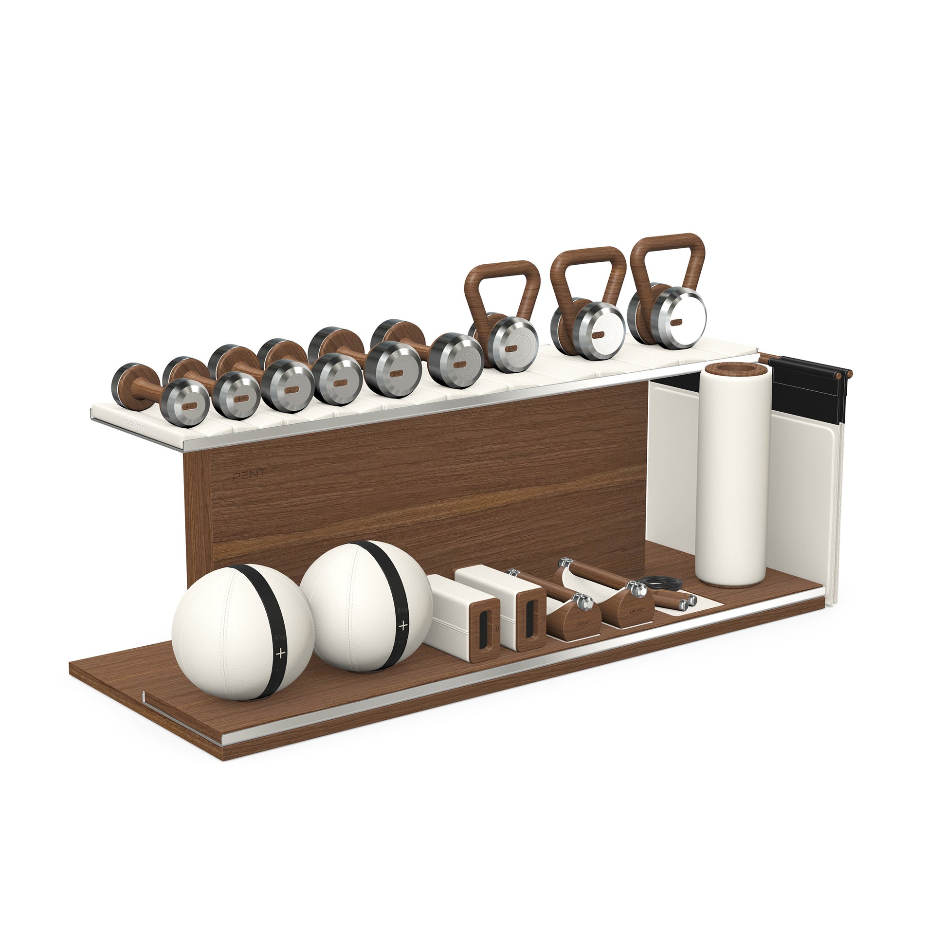PENT. ANA: Skipping rope, push up bars, fitness mat, dumbbells, kettlebells, stretching roller, yoga blocks and leather medicine balls. Handcrafted with stainless steel, premium Italian white base leather, black accent leather and natural walnut wood.