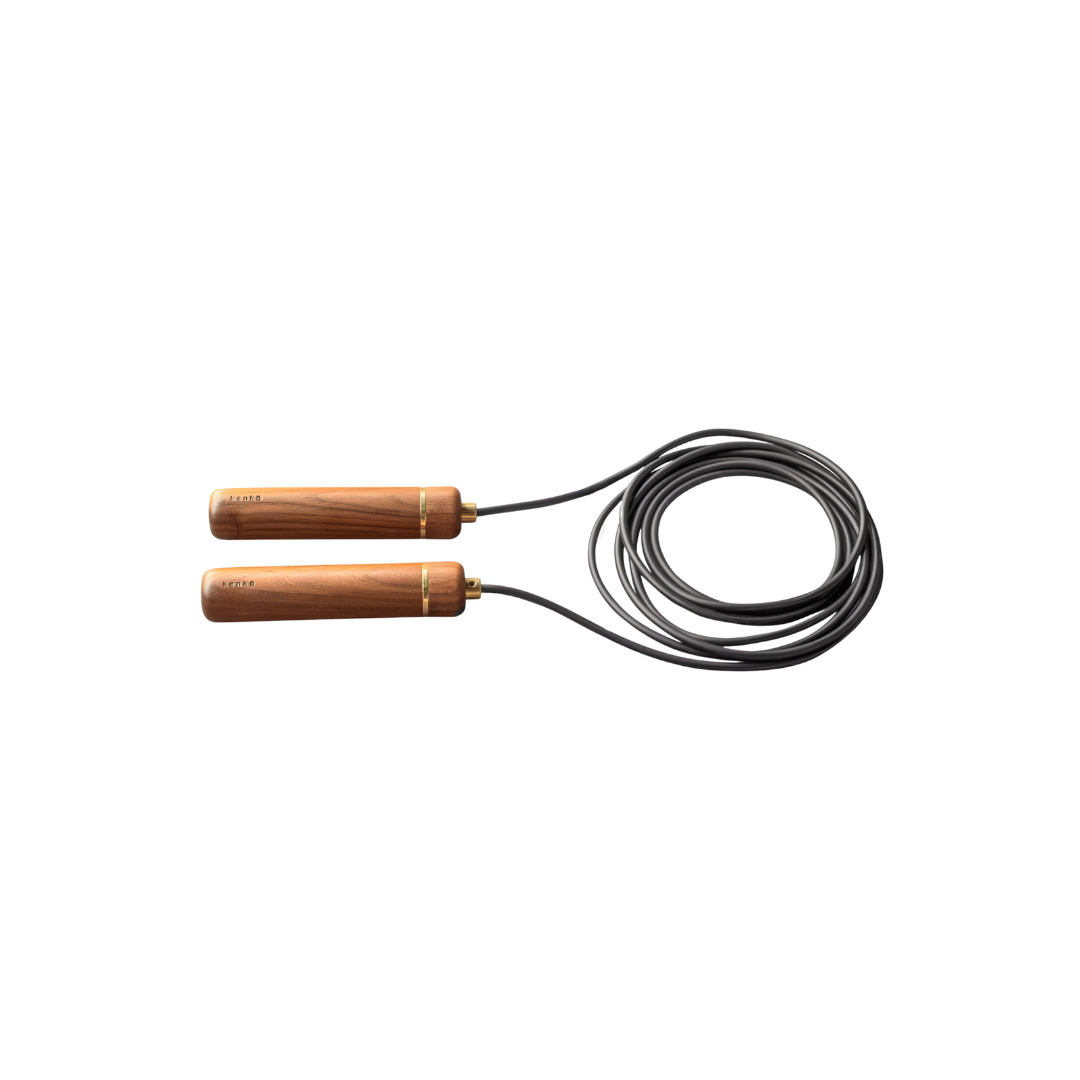 Kenko Skipping Rope with solid wood handles and natural rubber rope, neutral background.