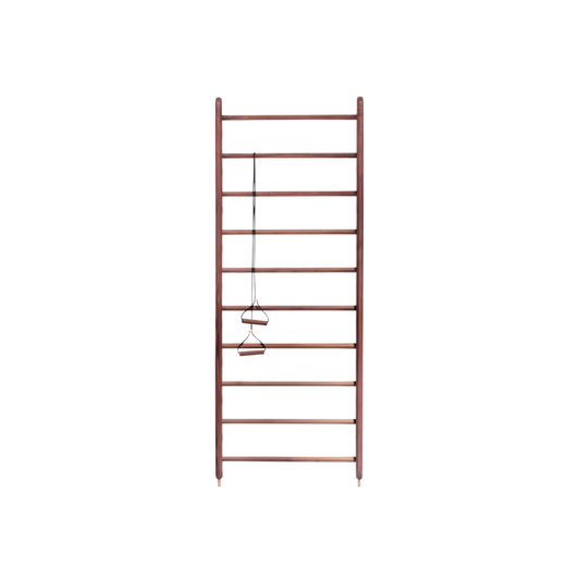 Kenko Wall Bar in walnut wood with gold-plated brass detail on white background.