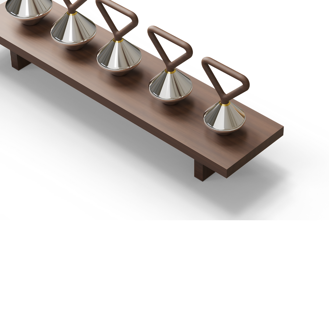 Luxury kettlebell rack with sculptural design, featuring stainless steel, solid wood handles, and brass detailing.