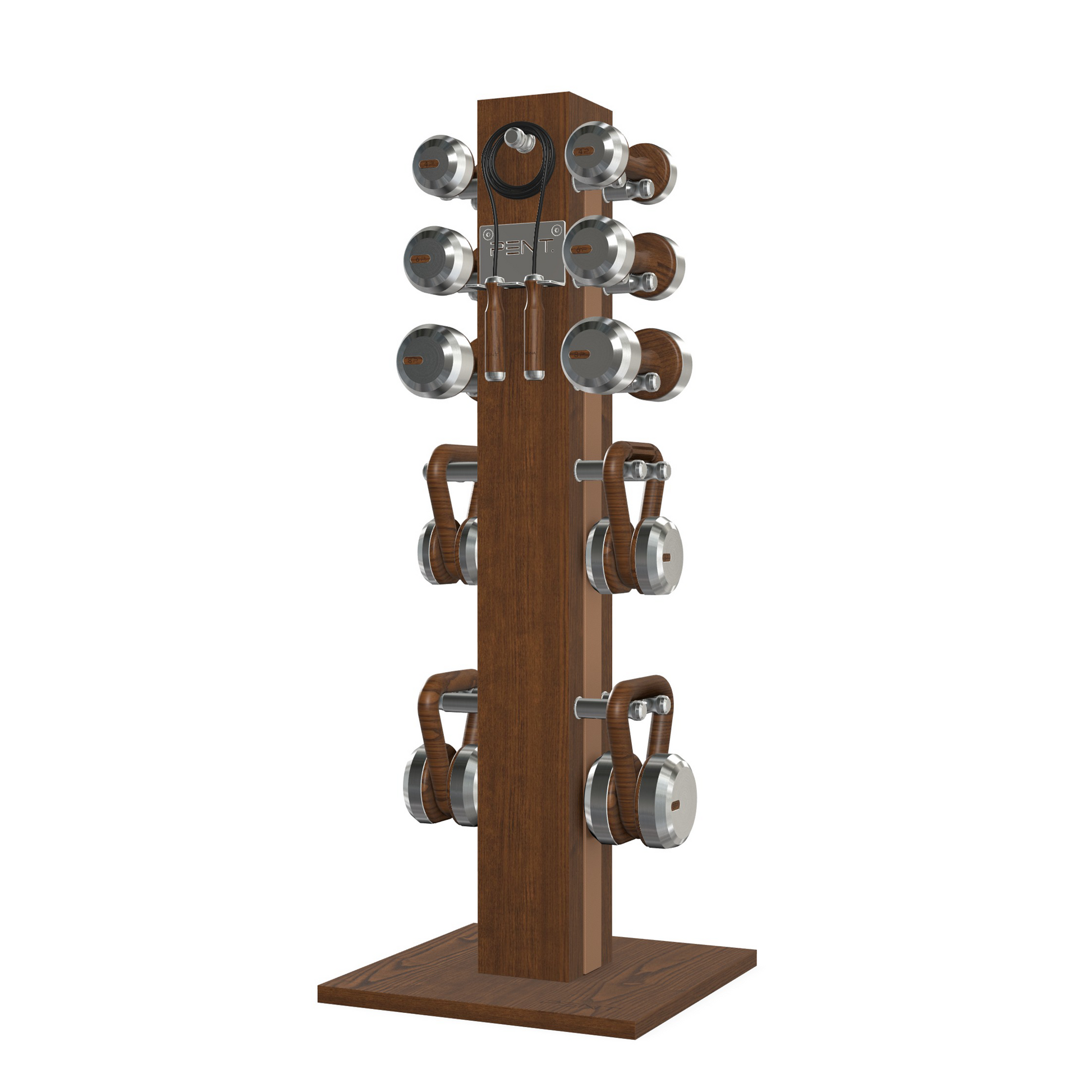 Dumbbells, kettlebells and skipping rope on a vertical ash walnut wooden stand with brown leather, luxury fitness equipment.
