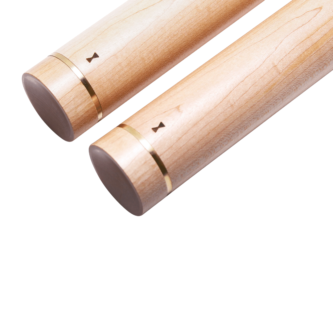 Close-up of maple handle with polished metal detailing on Kenko Aerobic Dumbbell.