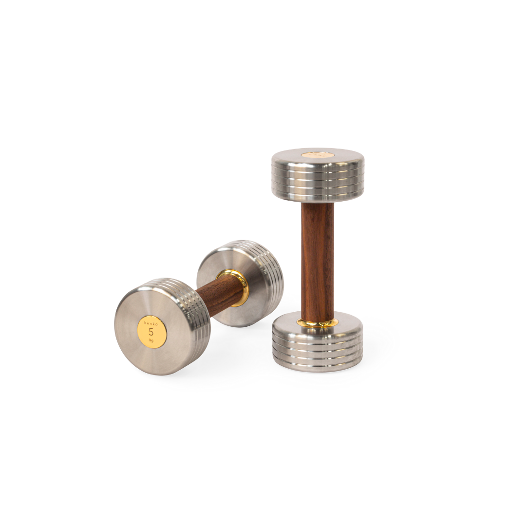 Kenko Dumbbell – luxury dumbbell with walnut wood handle, stainless steel body, and brass accents.