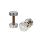 Premium dumbbell combining solid wood grip, polished steel, and gold-plated detailing.