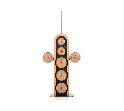Luxury wooden & stainless steel weight plate set with barbell and dumbbell plates on a sleek vertical ash wooden rack. Premium gym equipment for strength training. NOHRD Weight Plates - Barbell & Dumbbells Tower