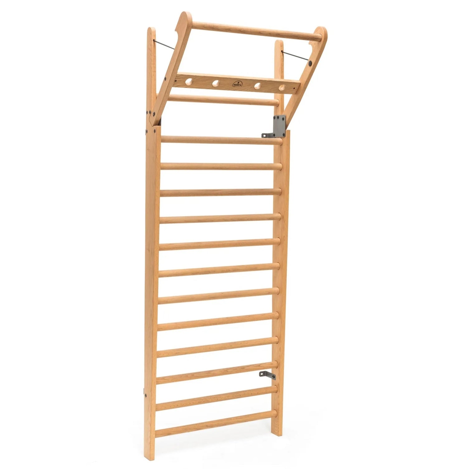  Sideview of a luxury fitness equipment, premium wall bar made with natural wood in ash. NOHRD WallBars