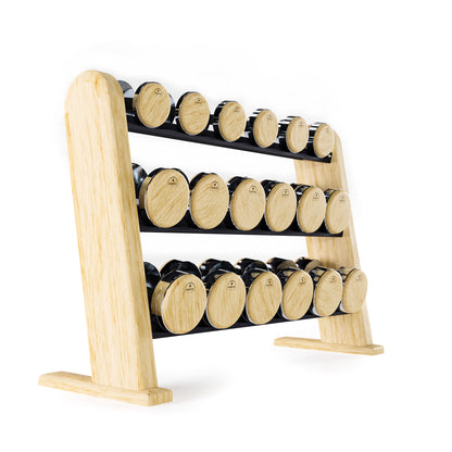 A premium ash wooden rack displaying dumbbell made with wood and stainless steel, organized neatly on multiple shelves for easy access. NOHRD DumbBells Set