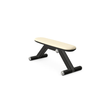 Luxury home gym equipment, exercise bench handcrafted with stainless steel, premium Italian beige leather and natural black ash wood. PENT. BANKA - Luxury Exercise Bench