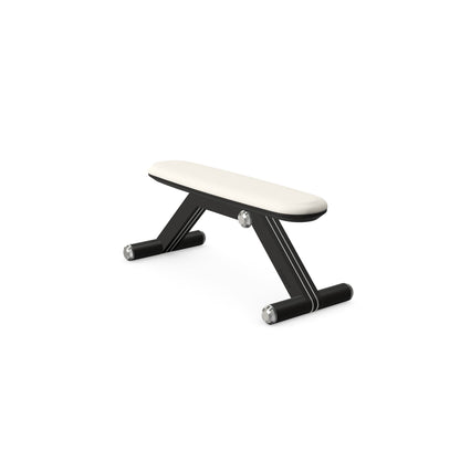 Luxury home gym equipment, exercise bench handcrafted with stainless steel, premium Italian white leather and natural black ash wood. PENT. BANKA - Luxury Exercise Bench