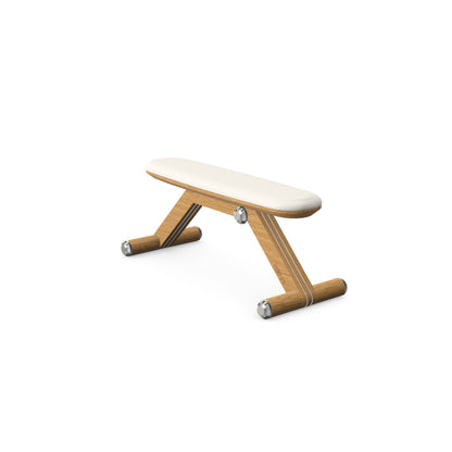 Luxury home gym equipment, exercise bench handcrafted with stainless steel, premium Italian white leather and natural oak wood. PENT. BANKA - Luxury Exercise Bench