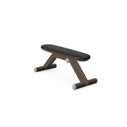Luxury home gym equipment, exercise bench handcrafted with stainless steel, premium Italian black leather and natural dark walnut wood. PENT. BANKA - Luxury Exercise Bench