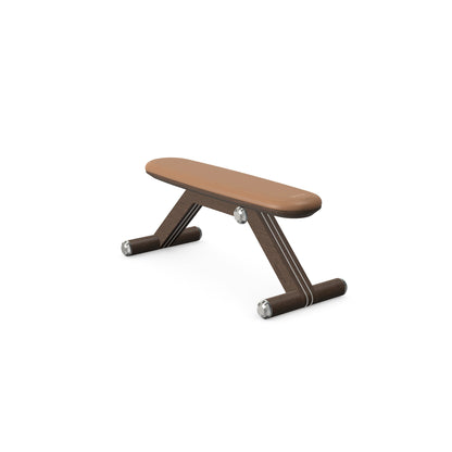 Luxury home gym equipment, exercise bench handcrafted with stainless steel, premium Italian brown leather and natural dark walnut wood. PENT. BANKA - Luxury Exercise Bench