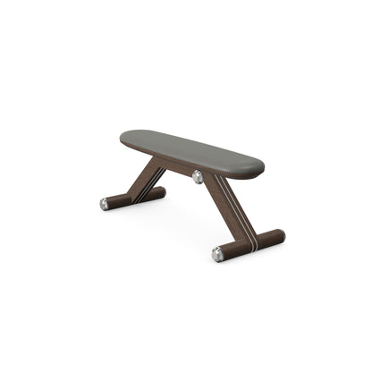 Luxury home gym equipment, exercise bench handcrafted with stainless steel, premium Italian grey leather and natural dark walnut wood. PENT. BANKA - Luxury Exercise Bench