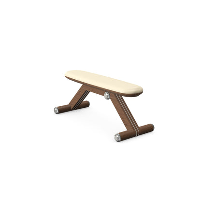 Luxury home gym equipment, exercise bench handcrafted with stainless steel, premium Italian beige leather and natural walnut wood. PENT. BANKA - Luxury Exercise Bench