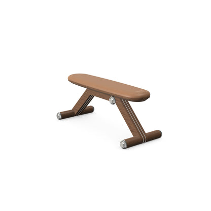 Luxury home gym equipment, exercise bench handcrafted with stainless steel, premium Italian brown leather and natural walnut wood. PENT. BANKA - Luxury Exercise Bench