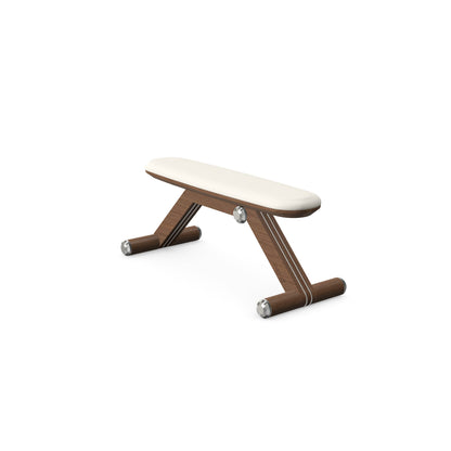 Luxury home gym equipment, exercise bench handcrafted with stainless steel, premium Italian white leather and natural walnut wood. PENT. BANKA - Luxury Exercise Bench