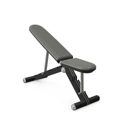 Luxury home gym equipment, adjustable exercise bench handcrafted with stainless steel, premium Italian grey leather and natural black ash wood. PENT. BANKA - Luxury Exercise Bench