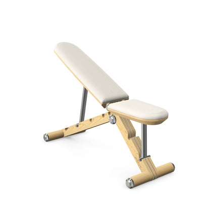 Luxury home gym equipment, adjustable exercise bench handcrafted with stainless steel, premium Italian white leather and natural ash wood. PENT. BANKA - Luxury Exercise Bench