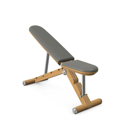 Luxury home gym equipment, adjustable exercise bench handcrafted with stainless steel, premium Italian grey leather and natural oak wood. PENT. BANKA - Luxury Exercise Bench