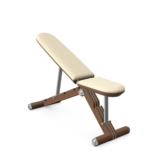 Luxury home gym equipment, adjustable exercise bench handcrafted with stainless steel, premium Italian beige leather and natural walnut wood. PENT. BANKA - Luxury Exercise Bench