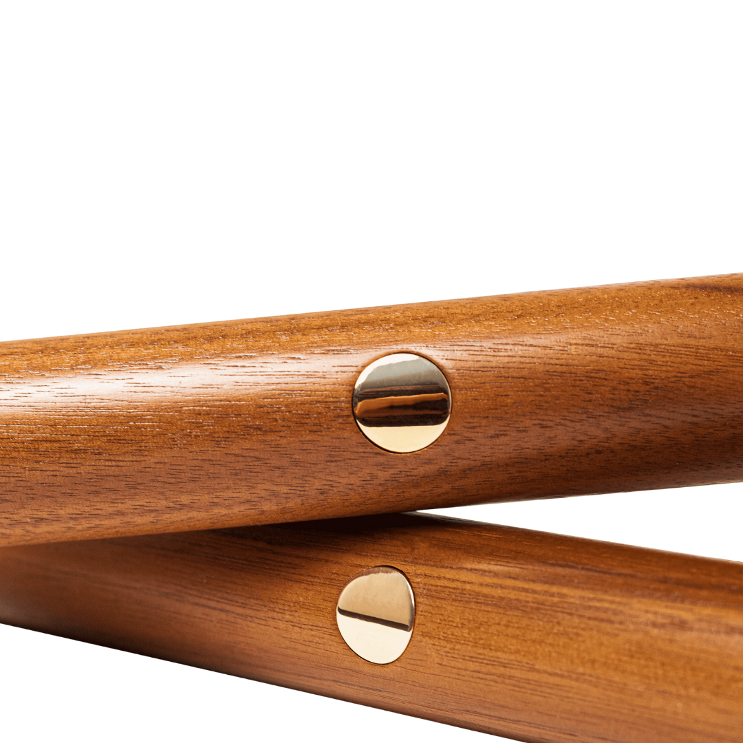 Close-up of Expander Big wooden handle and brass accent.