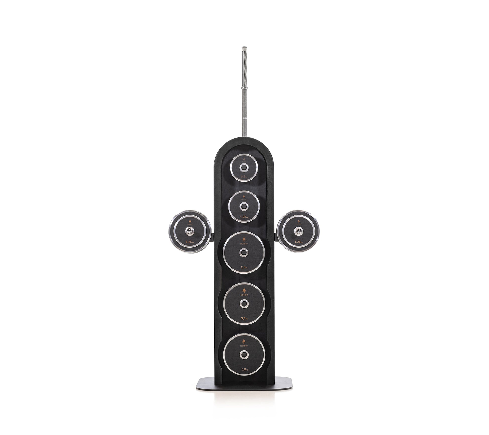 Luxury wooden & stainless steel weight plate set with barbell and dumbbell plates on a sleek vertical shadow black wooden rack. Premium gym equipment for strength training. NOHRD Weight Plates - Barbell & Dumbbells Tower