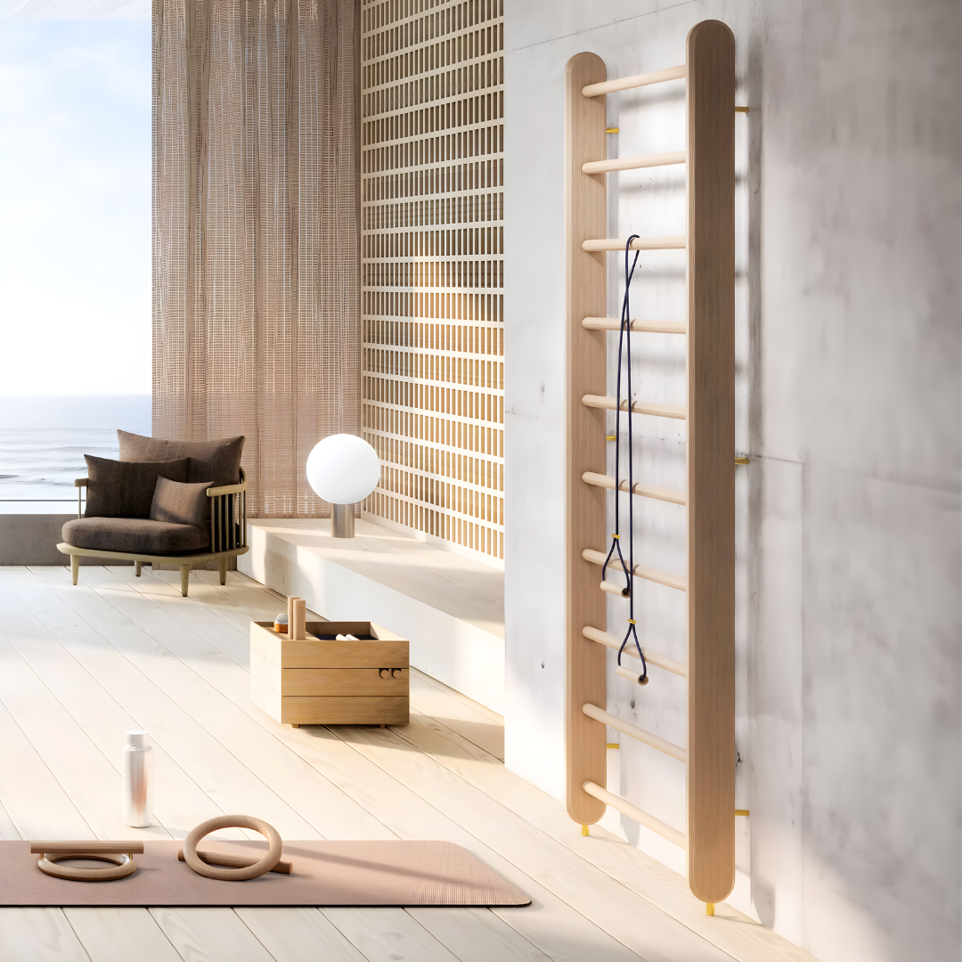 Modern interior with a wooden wallbar against a light wall