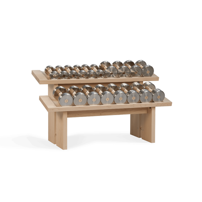 Luxury horizontal dumbbell rack crafted from solid maple with brass details.