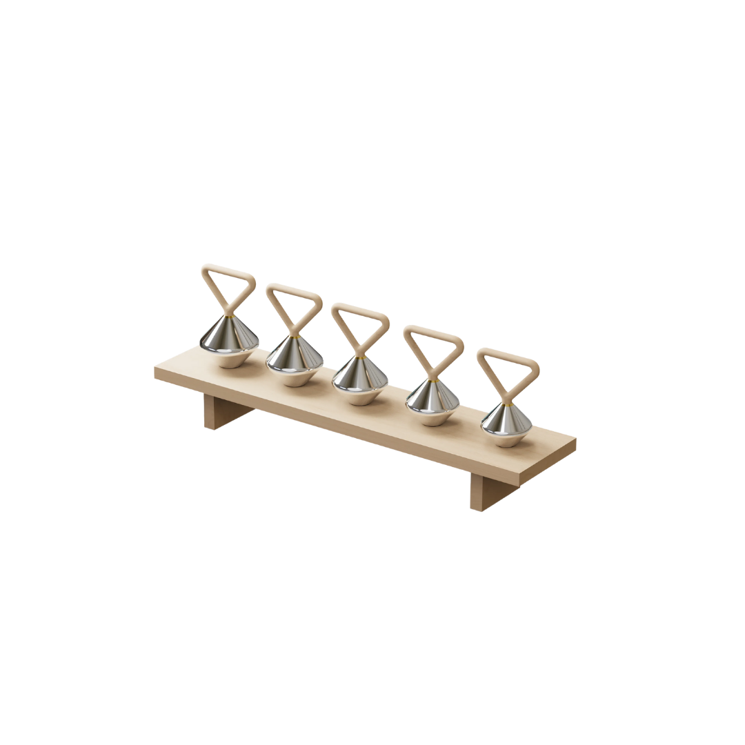 Minimalist kettlebell rack crafted with wood, stainless steel, and gold accents for a refined gym setup.