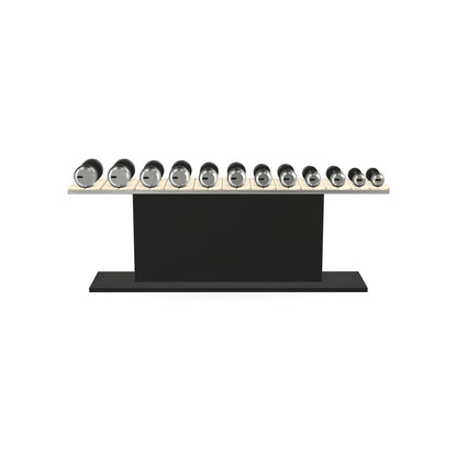 Luxury gym equipment, 6 pair of dumbbells on horizontal wooden stand, made with stainless steel, Italian beige leather and black ash wood.