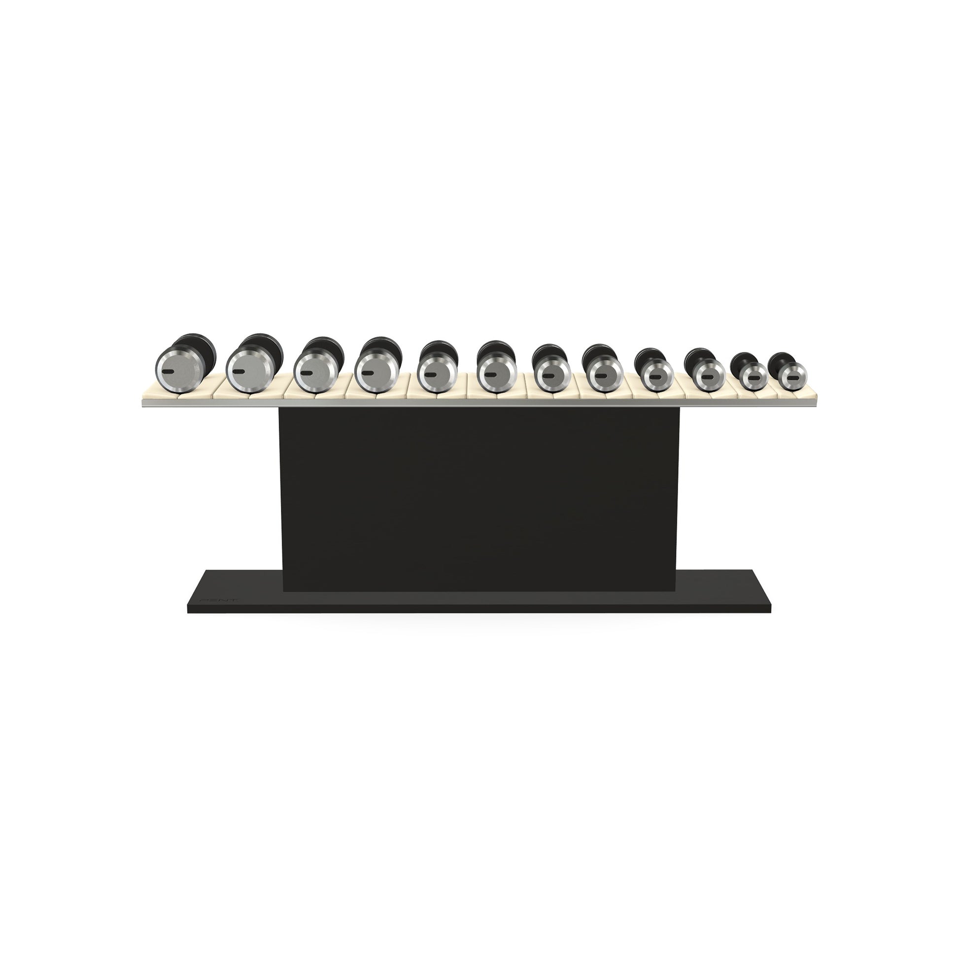 Luxury gym equipment, 6 pair of dumbbells on horizontal wooden stand, made with stainless steel, Italian beige leather and black ash wood.