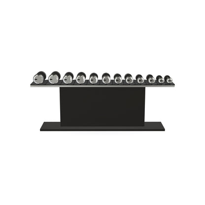 Luxury gym equipment, 6 pair of dumbbells on horizontal wooden stand, made with stainless steel, Italian black leather and black ash wood.