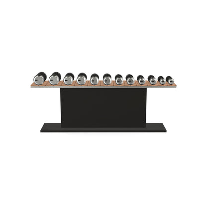 Luxury gym equipment, 6 pair of dumbbells on horizontal wooden stand, made with stainless steel, Italian brown leather and black ash wood.