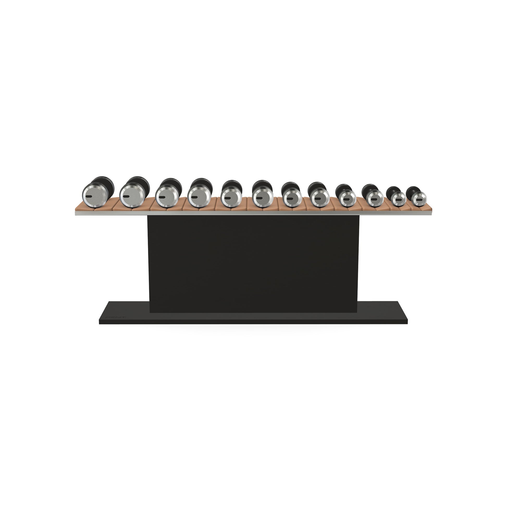 Luxury gym equipment, 6 pair of dumbbells on horizontal wooden stand, made with stainless steel, Italian brown leather and black ash wood.