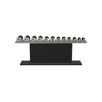 Luxury gym equipment, 6 pair of dumbbells on horizontal wooden stand, made with stainless steel, Italian grey leather and black ash wood.