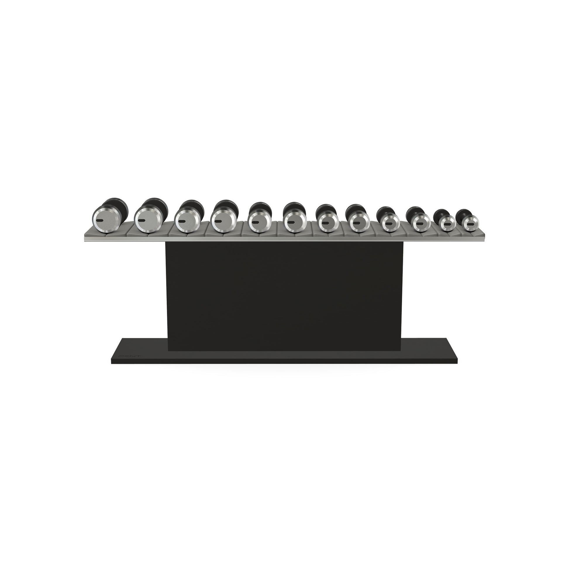 Luxury gym equipment, 6 pair of dumbbells on horizontal wooden stand, made with stainless steel, Italian grey leather and black ash wood.