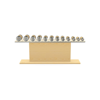 Luxury gym equipment, 6 pair of dumbbells on horizontal wooden stand, made with stainless steel, Italian beige leather and natural ash wood.