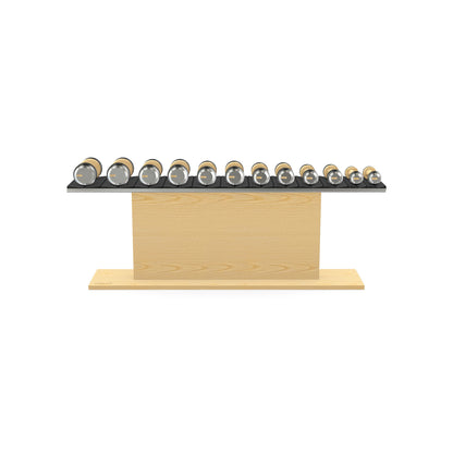 Luxury gym equipment, 6 pair of dumbbells on horizontal wooden stand, made with stainless steel, Italian black leather and natural ash wood.