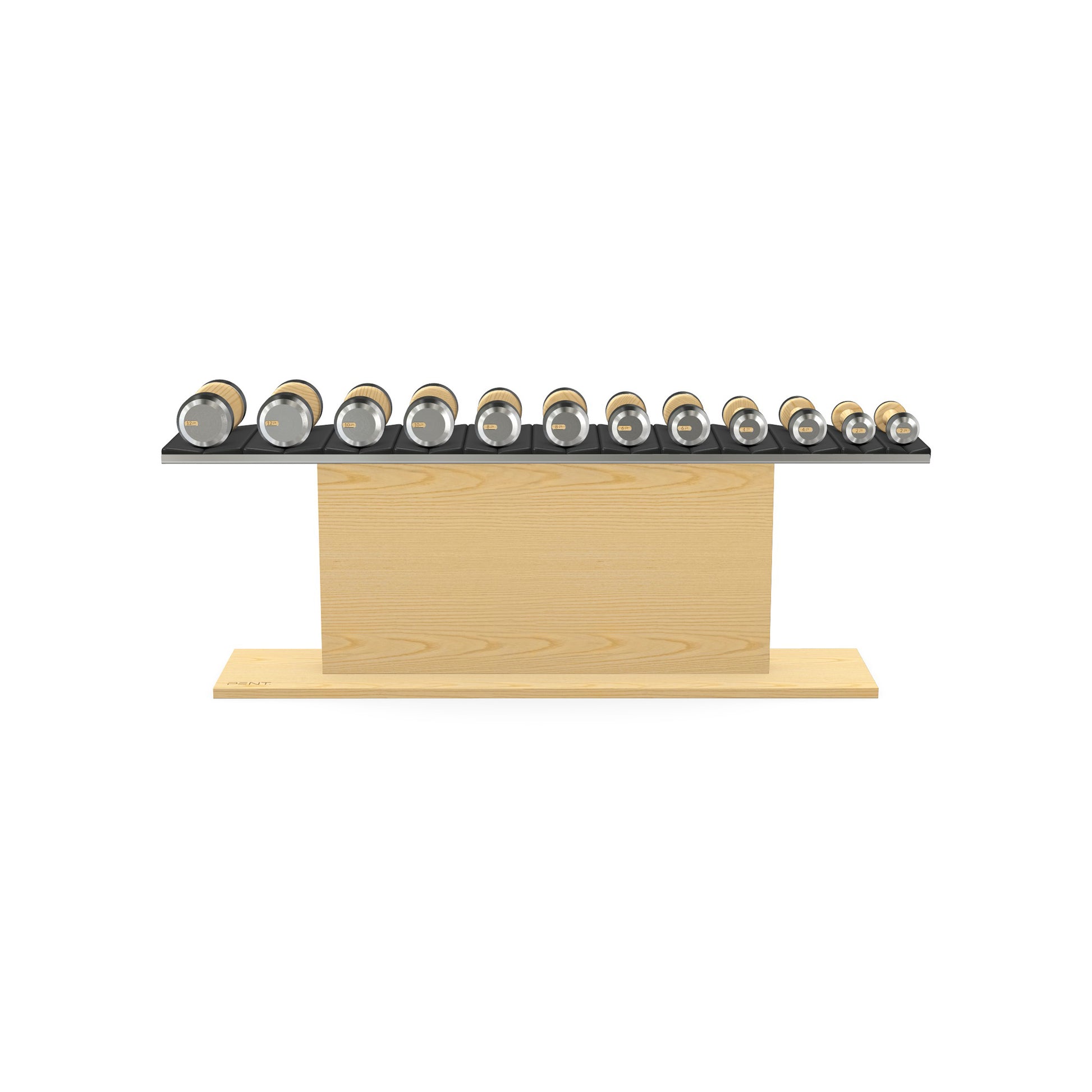 Luxury gym equipment, 6 pair of dumbbells on horizontal wooden stand, made with stainless steel, Italian black leather and natural ash wood.