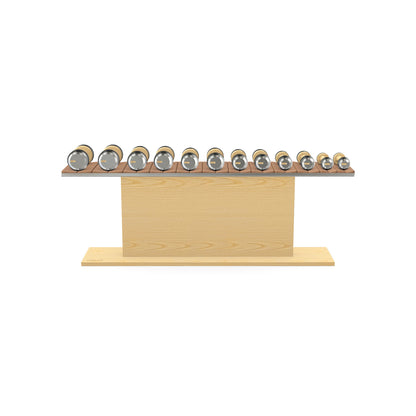 Luxury gym equipment, 6 pair of dumbbells on horizontal wooden stand, made with stainless steel, Italian brown leather and natural ash wood.