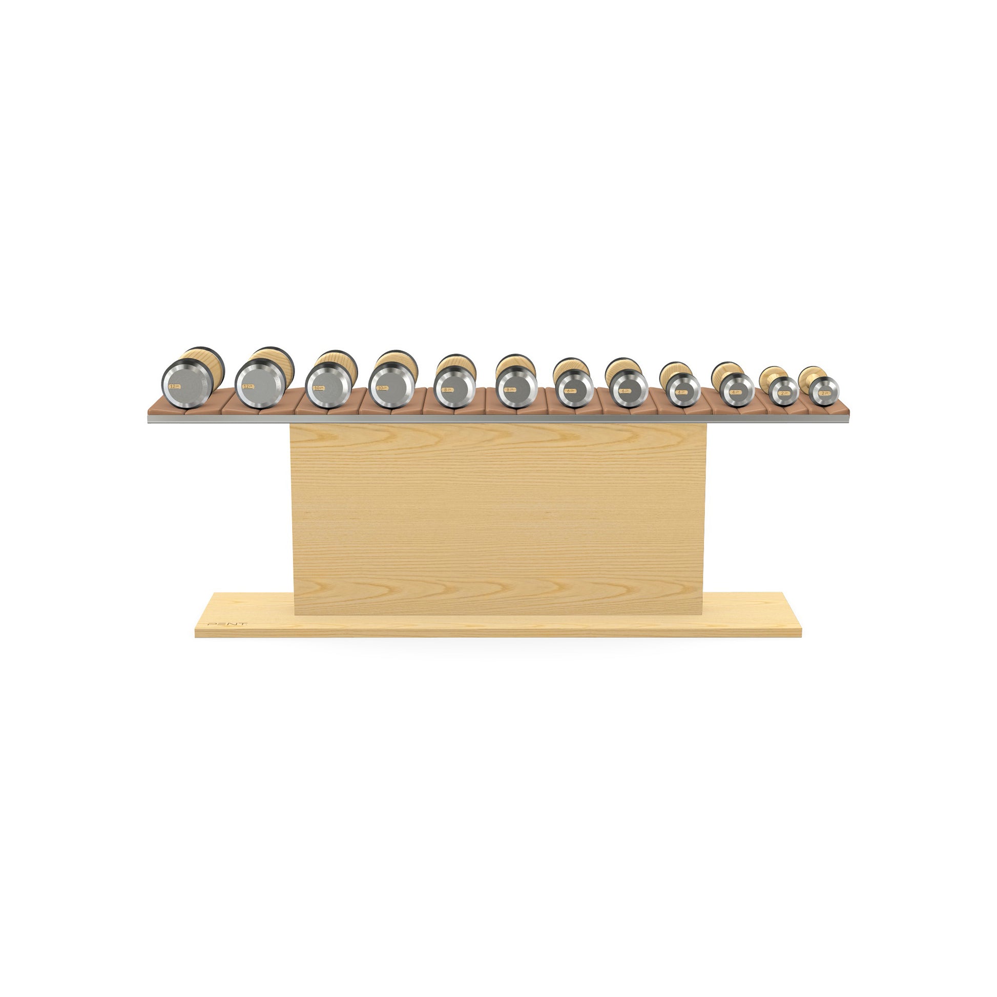 Luxury gym equipment, 6 pair of dumbbells on horizontal wooden stand, made with stainless steel, Italian brown leather and natural ash wood.